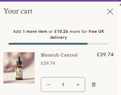 Cart drawer with a progress bar: Add 1 more item or £10.26 more for free UK delivery