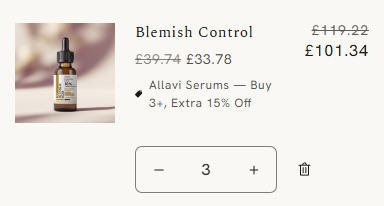 Cart line for three serums with the 15% tier saving applied and the original price struck through
