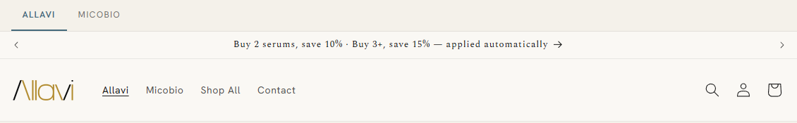 Allavi store header: brand tabs, an offer bar reading Buy 2 serums save 10%, Buy 3+ save 15%, applied automatically, and the main menu
