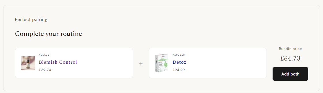 Complete your routine: an Allavi serum plus a Micobio supplement with a bundle price and an Add both button