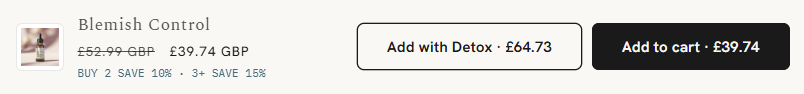 Sticky add-to-cart bar showing the sale price, the tier savings, an Add with Detox bundle button and an Add to cart button