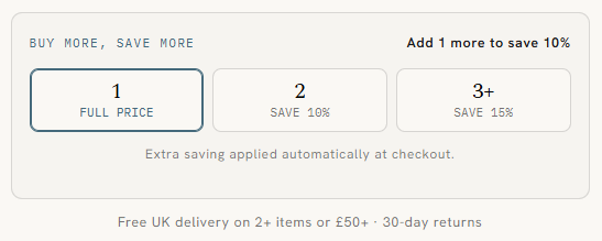 Buy more, save more picker: 1 at full price, 2 save 10%, 3+ save 15%, with the prompt Add 1 more to save 10%
