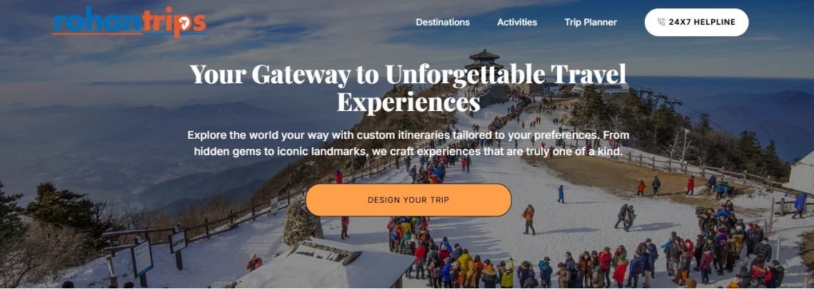 The Rohan Trips homepage: a travel hero with a Design Your Trip button and links to destinations, activities and the trip planner