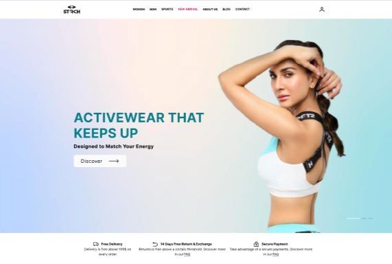 The new STRCH Activewear homepage: an activewear hero with a Discover button and a delivery, returns and payment trust bar